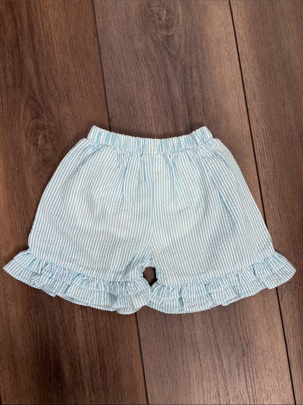 Light Blue Seersucker Ruffle Hem Kids Shorts